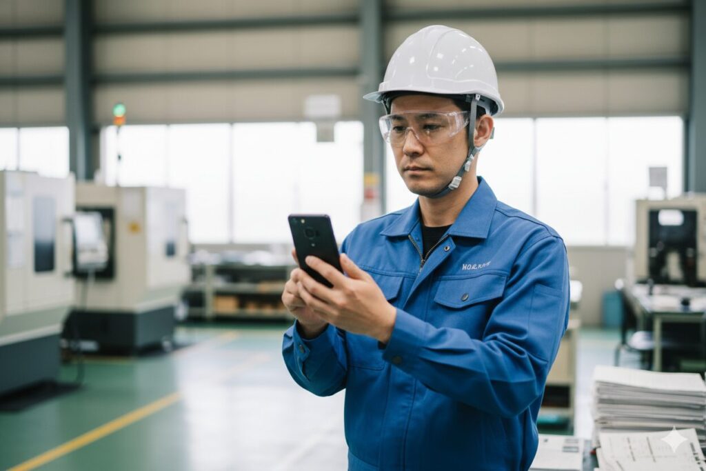 研修後に職場での行動を意識して確認する製造業スタッフのイメージ